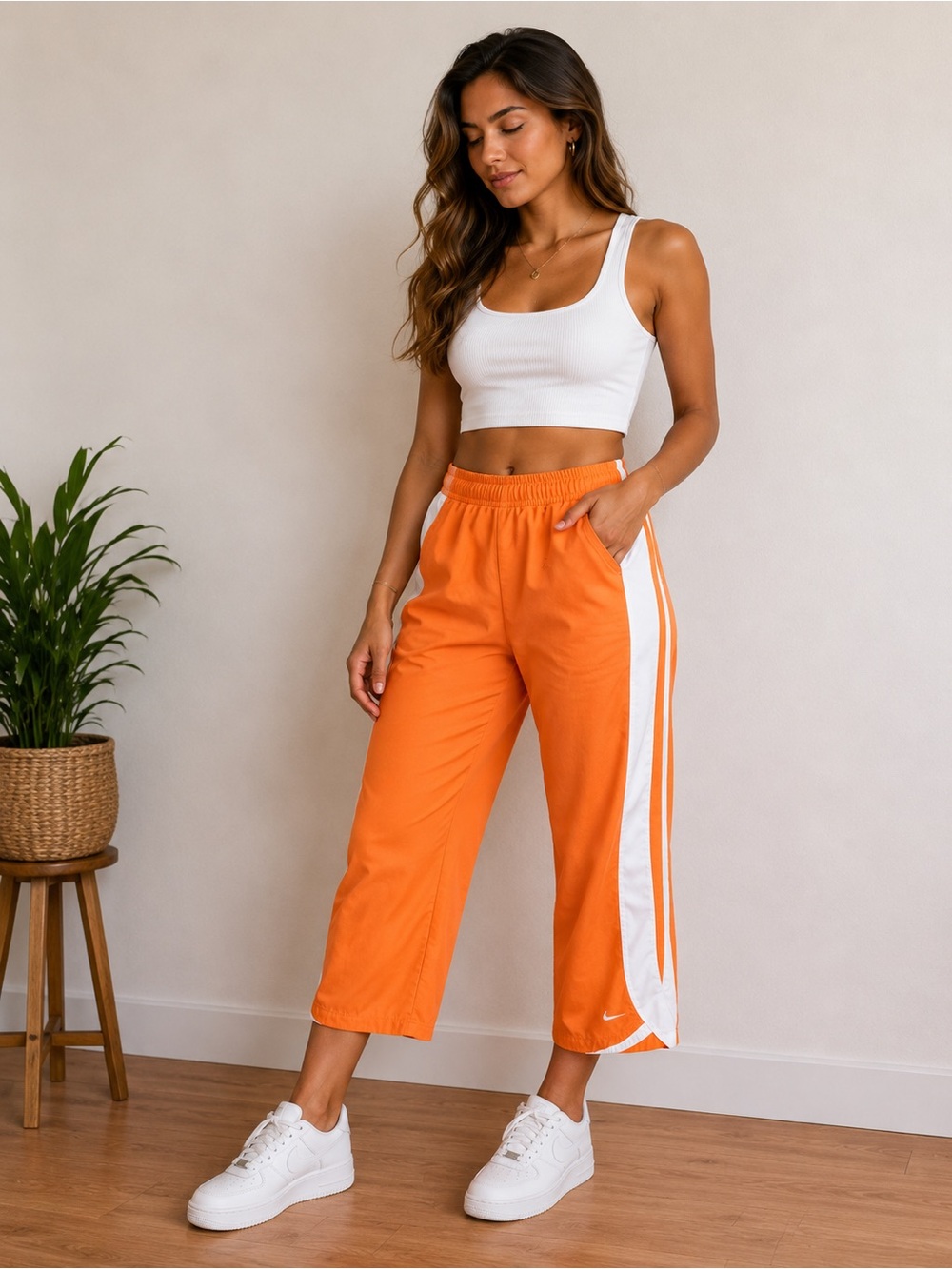 Nike Orange Cropped Track Pants with White Side Stripe